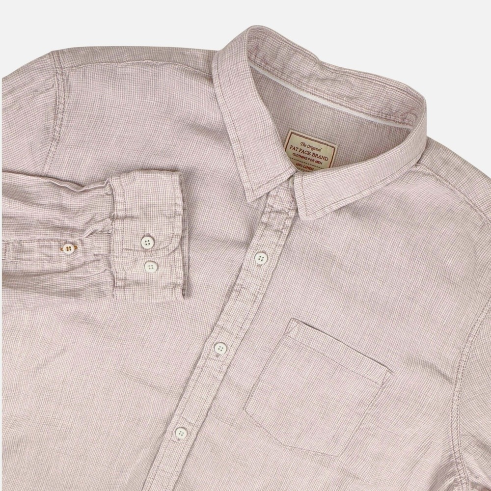 Fat Face Shirt Mens XXL 2XL 100% Linen Pink Seersucker Gingham Check Long Sleeve